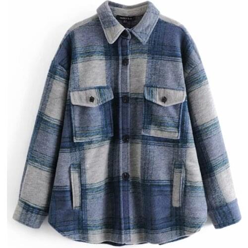 Nice Vintage Woman Oversized Blue Plaid Patchwork Woolen Coat Autumn Winter Fashion Ladies Soft Thick Shirts Female Loose Jacket