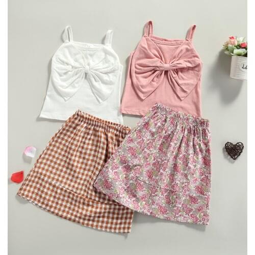Fashion Children Girls Summer Clothes Sets 2pcs Solid Bow Sleeveless Tank Tops Floral Printed Skirt Kid Girl Outfit