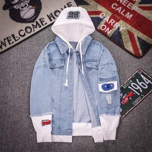 2019 New Fashion Men Denim Jackets Streetwear Retro Jean Hooded Jacket Men Male Forean Style Print Windbreaker