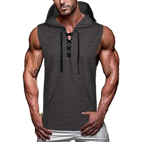 Drawstring V Neck Mens Hooded Vest Mnes Clothing Black Tops Casual Hoodies Solid Color Sleeveless Male Pocket Vest Tank Top Men