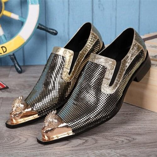 Christia Bella Shining Golden Dot Sequins Male Prom Shoes Plus Size Man Metal Carved Pointed Toe Shoes Mens Fashion Party Shoes