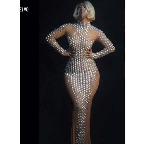 Pearl Rhinestone long dress for wedding party nightclub sexy mesh women Birthday dancer costume Singer celebrity festival outfit
