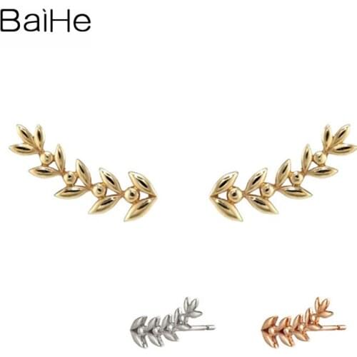 BAIHE Solid 14K Yellow/Rose/White Gold Anniversary Wedding Trendy Fine Jewelry Elegant Unique 14k True Gold Grass Stud Earrings