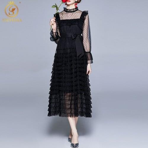SMTHMA 2021 New Spring Fashion Women Flared Sleeves Black Long Dresses Robe Lace Hollow Out Vintage Elegant Dress Vestidos