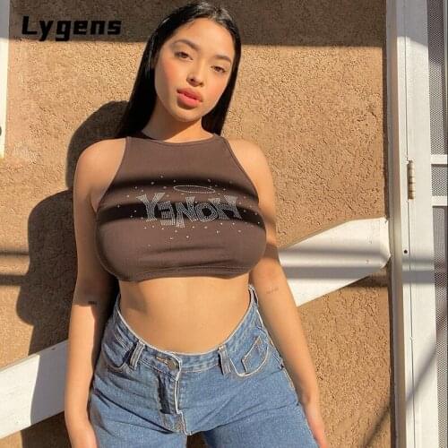 Lygens Sleeveless Rhinestone Letter Bodycon Tank Crop Streetwear Slim O-Neck Sexy Women Clothing 2021 Summer Fashion Top