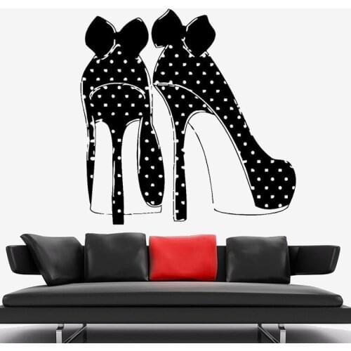 Vinyl Wall Sticker High Heel Fashion Shoes Polka Dots Bows Wall Decals Shoe store Girls Bedroom Decoration Art Wallpaper C042