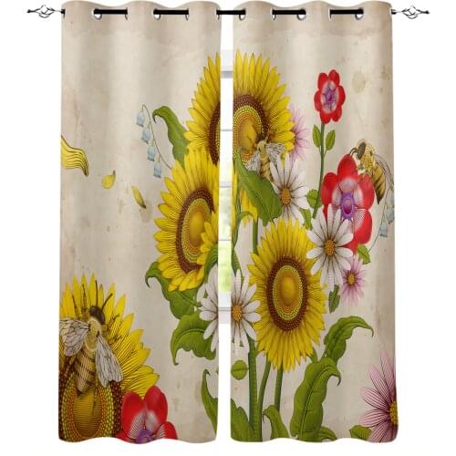 Bee Sunflower Vintage Blackout Curtains For Living Room Bedroom Window Treatment Blinds Drapes Kitchen Curtains