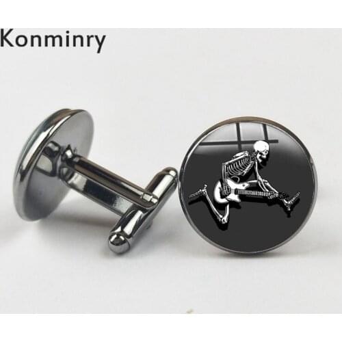 Konminry Fashion Art Skeleton Play The Guitar Men Cufflinks Quality Round Glass Picture Skull Bone Cuff Links Gifts Jewelry