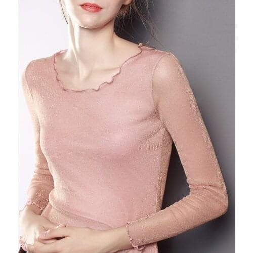 Ruffles Mesh Women T-shirts Solid See-through Slim Sexy Lady O-neck Lady Elegant Top Tees Outwear Tops