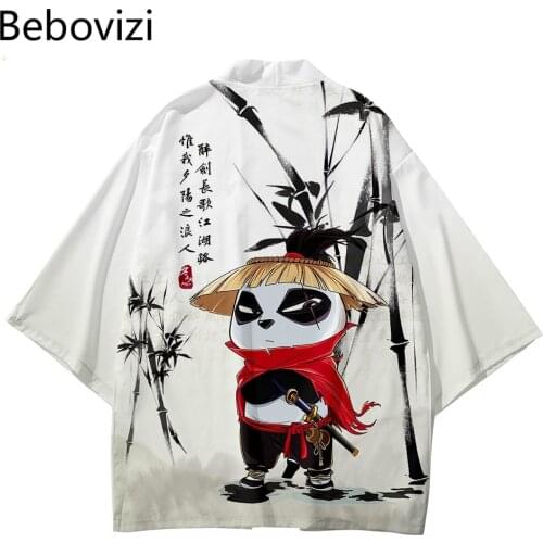Women Cardigan Haori Asian Clothes Pant Suit 2021 Panda Print Chinese Style Robe Sets Fashion Japanese Kimono Beach Harajuku Men
