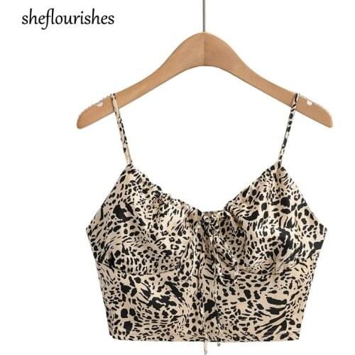 Summer crop top vintage sleeveless tops women 2021 spaghetti strap top korean v neck leopard print tank top bow tie camis cute