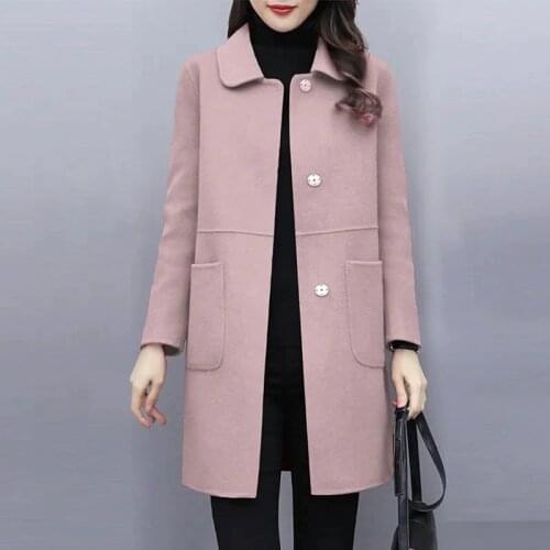 Women‘s Square Neck Wool Coat 2021 Woman Autumn Winter Mid-Length Plus Fleece Coat Slim Solid Color Woolen Jacket Female B41
