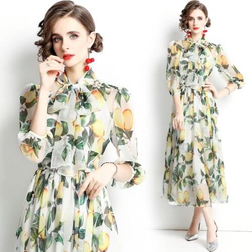 Colorful Flower Printing Bowknot Collar Leon Chiffon Party Night Dresses Summer Light Dress A Line Vestidos Traf Robes 6663