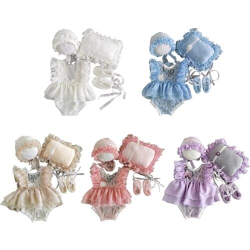 5Pcs Newborn Photography Prop Outfit Baby Lace Dress+Hat+Pillow+Shorts+Shoes Set