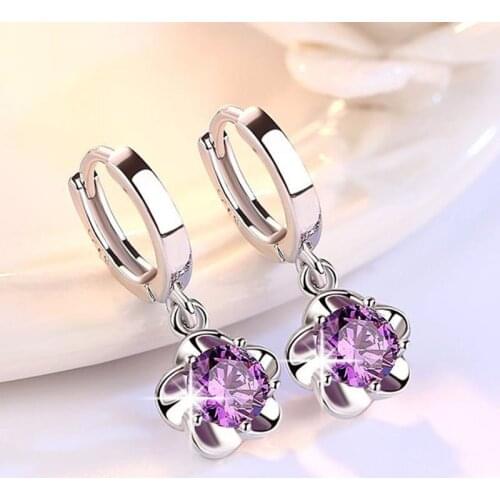 925 New Fashion Clip Earrings Inlaid Zircon Silver-plated Plum Blossom Purple Crystal Plum Blossom Earring For Women Jewelry