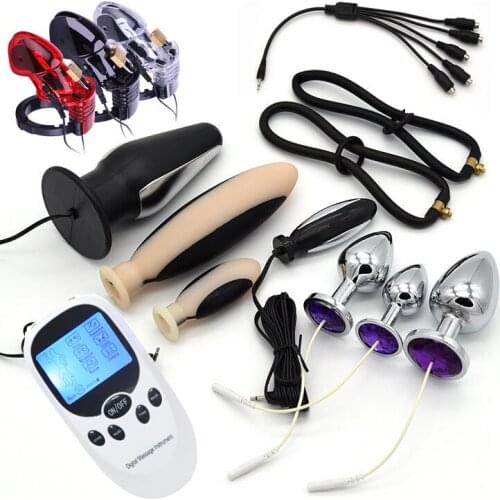 SM Electro Shock Anal Butt Plug Cock Cage Chastity Clit Stimulator Dildo Vibrator E-stim Anus Expand Adult Sex Toy For Women Men