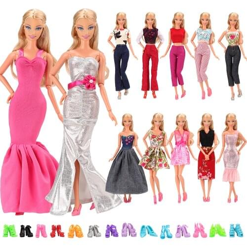 Fashion Handmade 15 Items /lot Doll Accessories Kids Toys =5 Dolls Clothes Mermaid Dress + 10 Shoes For Barbie Dressing Game