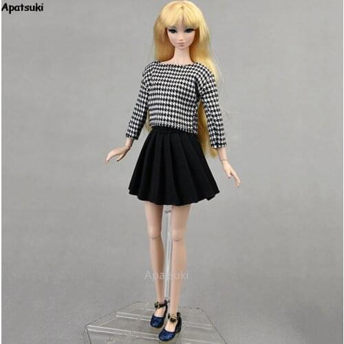 Black Fashion Outfits for Barbie Doll Clothes Houndstooth Pattern Shirt Blouse Top Pleated Skirts for 1/6 BJD Dolls Accessories