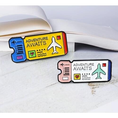 Cartoon Air Ticket Brooch Adventure Awaits Blue Pink Ticket Pins Badge Enamel Pin For Kids Explorer ticket Jewelry Accessory