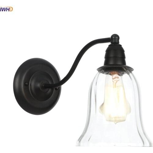 IWHD Black Metal Vintage LED Wall Lamp Beside Bedroom Bathroom Stair Light American Style Glass Wall Lights For Home Lighting