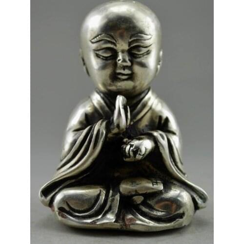Exquisite Collectible Decorated Old Handwork White Copper Carved Monk Prayer Statue