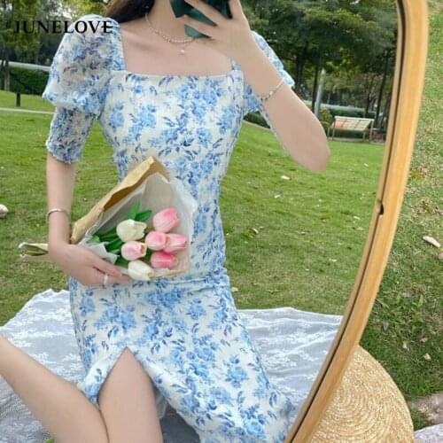 JuneLove French Vintage Floral Dress Women Designer Elegant Split Party Midi Dress Casual Kawaii Korean Fairy Boho Dress Summer
