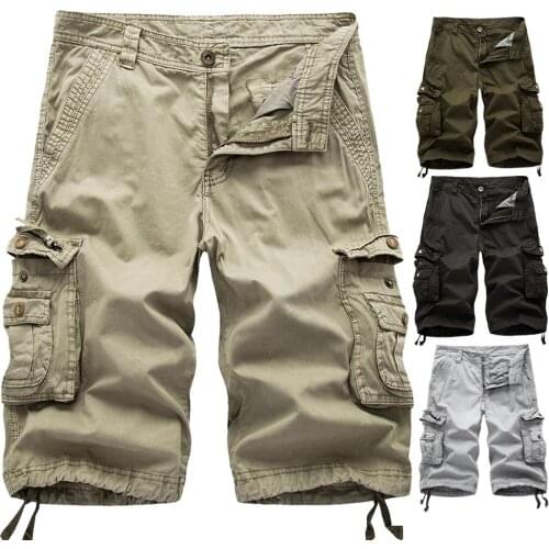 Men Casual Summer Solid Color Multi Pockets Fifth Cargo Pants Loose Beach Shorts