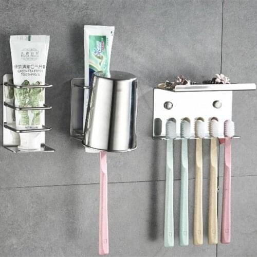 Stainless Steel Wall Mounted Bathroom Storage Rack Multi-Purpose Toothpaste Toothbrush Holder Traceless Adhesive Cup Holder