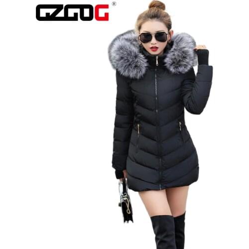 GZGOG Detachable fur collar winter coat with zipper pockets Long slim women parkas stylish overcoat down jacket female 2021