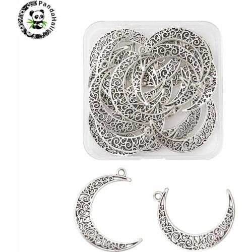 Tibetan Style Alloy Pendants Crescent Moon Antique Silver Color 40x29x1mm, Hole: 2.5mm, 20pcs/box