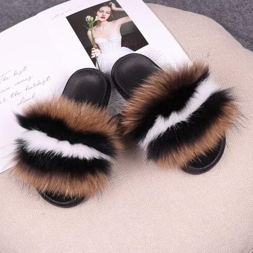 Womens Summer Colorful Fox Fur Slippers Ladies Fluffy Slides Female Plush Sandals Girls Fashion Flip Flops Luxury House Shoes