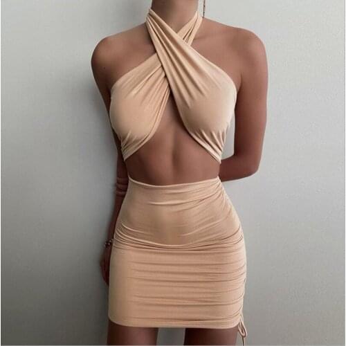 Sexy Women Solid Color Dress Bandage Halter Mini Dress Sleeveless Party Night Clubwear Dresses For Women Outfit