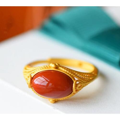 Court Style Natural South Red Agate Ring Big Egg Noodles S925 Sterling Silver Ancient Gold Craft Female Ring Open Ring