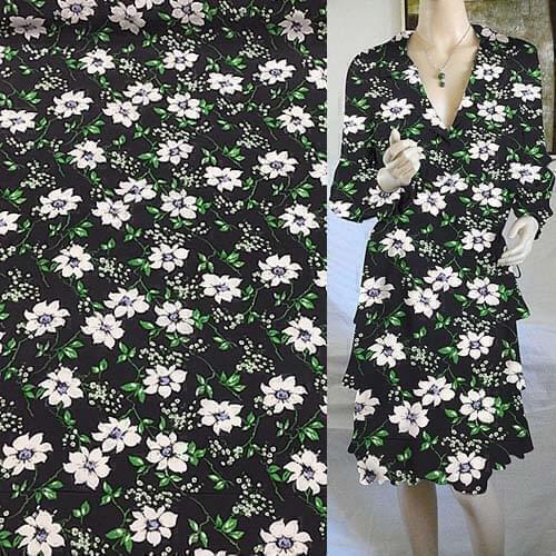 Pure silk Crepe DE chine fabric White floral and green leaves on black,SCDC766
