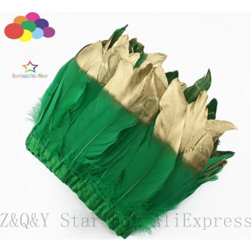Grass green goose feather with gold spray head made of cloth edge 2 yards DIY craft hand jewelry clothing feather