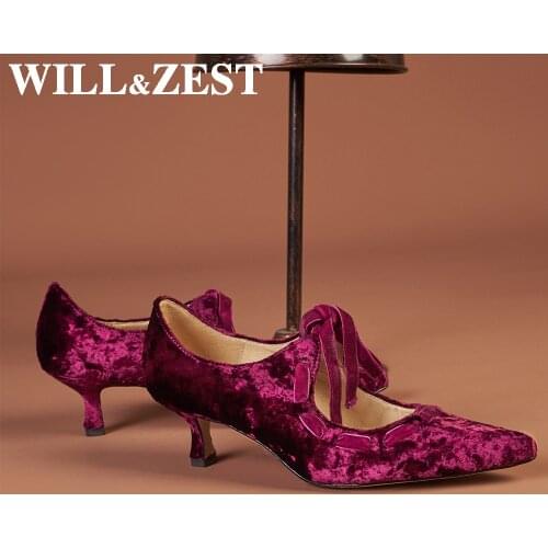 Will&Zest Wedding Shoes For Women Bride 2020 New Female Scarpin Woman Sexy High Heels Lace Up Korean Velvet Purple Vintage Shoes