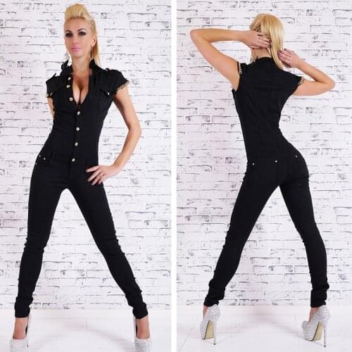 Bigsweety Hot Sale Denim Long Jumpsuit Womens Sexy Deep V Neck Jean Jumpsuits Buttons Chain Black Overalls For Women Rompers
