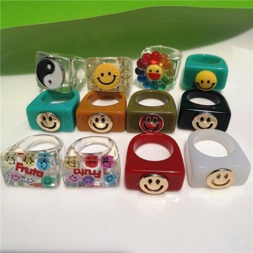 2021 Korea Retro Multicolor Metal Smile Resin Acrylic Geometric Square Ring For Women Girls Summer Hot Jewelry Accessories Gift