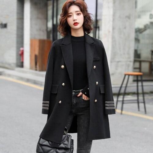 Ladies double-sided nylon coat womens mid-length autumn and winter high-end black woolen faux woolen coat