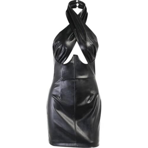 Fall Women Sexy Hollow Out Black Pink Pu Leather Halter Mini Dress Y2K Sexy Backless Party Streetwear Club Bodycon Dresses 2021