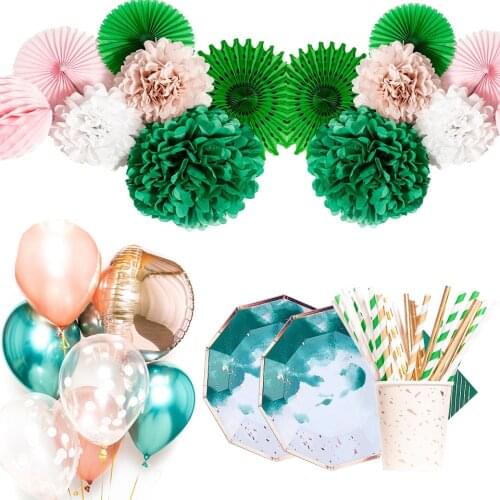 1Set Balloon Green Disposable Tableware Ink Gilding Paper Plates/Napkin For Wedding Birthday Party Decoration Tableware Supplies