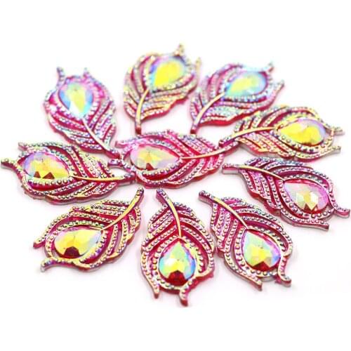 10pcs Rose AB Feather Crystal Sewing Crystal Leaves Resin Rhinestones Flat back Rhinestones DIY Applied On Clothes Diamond Craft
