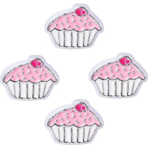 20Pcs/Lot Enamel Rhinestone Pink Cake FLoating Charms Making Living Fit Handmade Locket Jewelry Wholesale