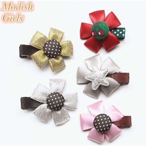 20pc/lot Five Leaves Floral Ribbon Hair Clips Lovely Baby Kids Hairpin Ribbon Felt Flower Girls Children Barrettes with Button