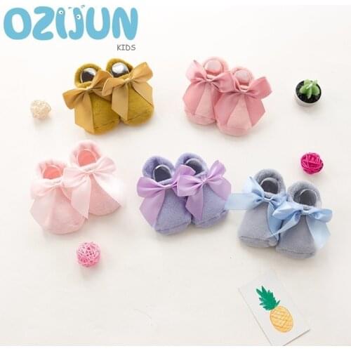 2020 New 0-6/6-18M Autumn Winter Kids Baby Terry Socks Bowknot Tie Up Solid Color Girls Toddler Non-slip Floor Socks