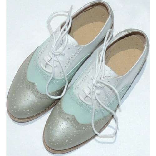 2019 Branded Design women Casual Full Grain Leather Oxfords Brogue Shoes Round head Fashion Mixed Color Oxford Shoes For Women