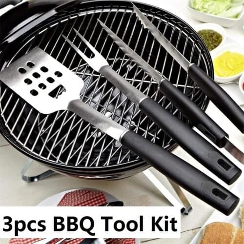 3pcs Stainless Steel BBQ Tool Kit Portable Grill Utensil Set Barbecue Spatula Fork Tongs BBQ Grill Tools Kitchen Tools Black