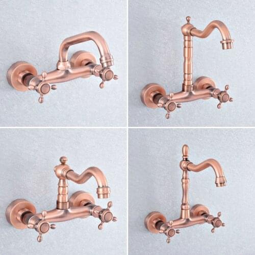 Antique Red Copper Brass Wall Mounted Bathroom Kitchen Sink Faucet Swivel Spout Mixer Tap Dual Cross Handles msf860