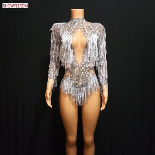 Glisten Rhinestones Silver Tassel Bodysuit Sleeveless Big Stretch Womens Party Prom Bar Outfit Stage Female Singer Show Romper