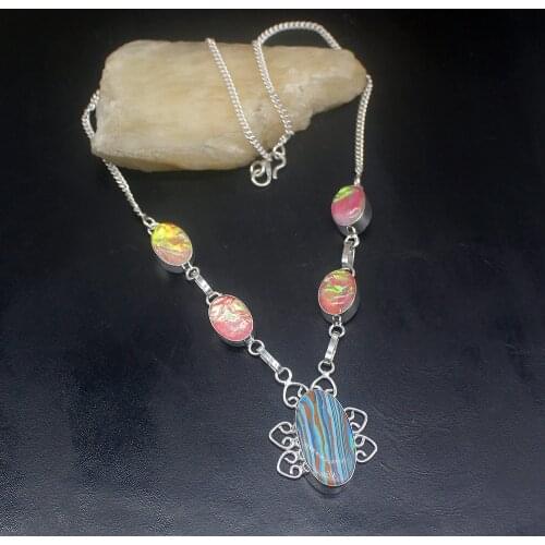 Gemstonefactory Jewelry Big Promotion 925 Silver Stripe Jasper Dichroic Glass Ladies Women Chain Necklace 46cm 202101665